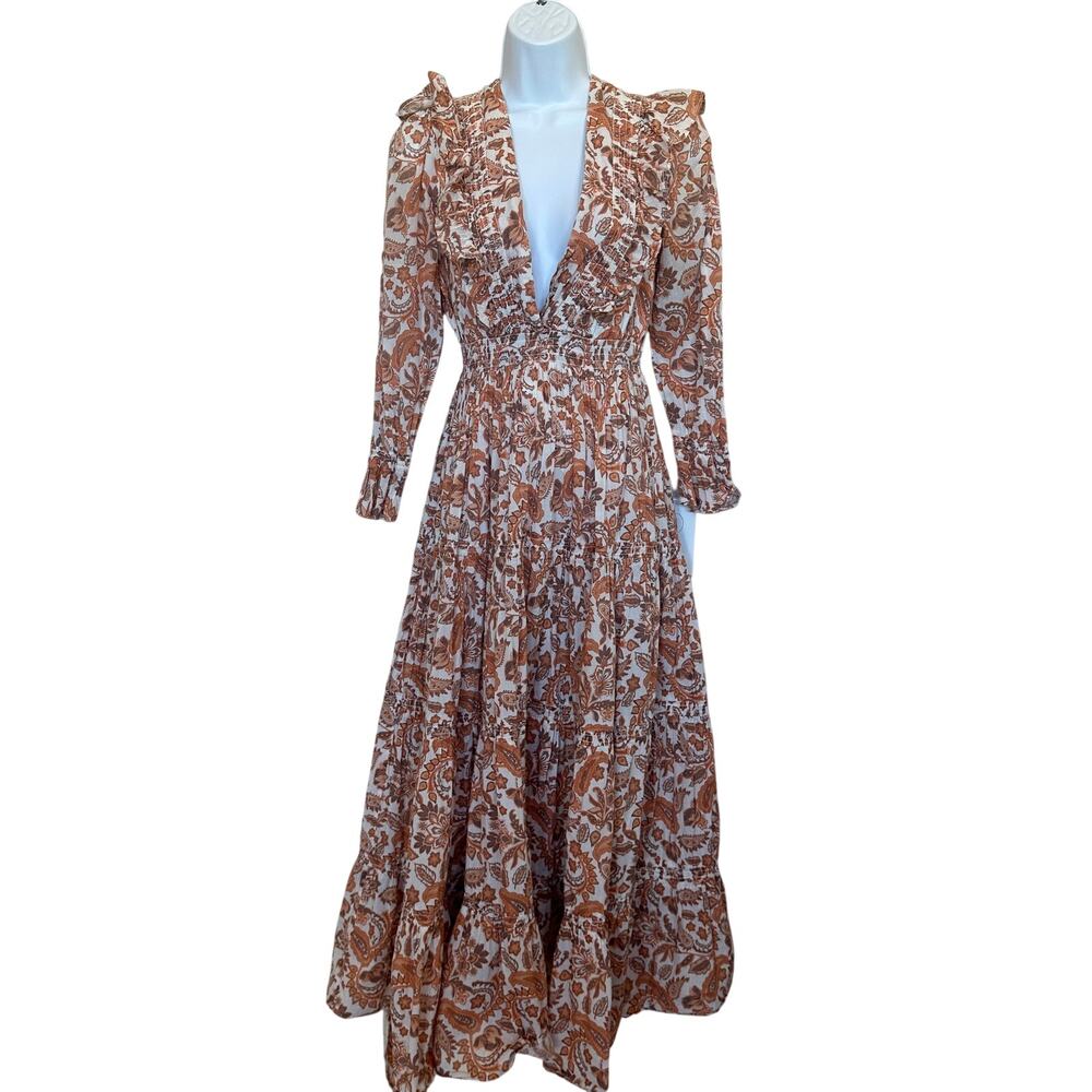 Maje Brown Floral Peasant Maxi Dress Size 0 Prairie Ruffle Designer Cottage $535 - Picture 9 of 13